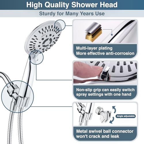 BRIGHT SHOWERS 9 Spray Settings Shower Head with Handheld High Pressure Hand Held Showerhead with 60 Inch Stainless Steel Hose and Adjustable Overhead Bracket, Chrome - color: Chrome, size: 2.5 Gallon Per Minute