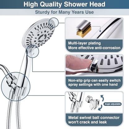 BRIGHT SHOWERS 9 Spray Settings Shower Head with Handheld High Pressure Hand Held Showerhead with 60 Inch Stainless Steel Hose and Adjustable Overhead Bracket, Chrome - color: Chrome, size: 2.5 Gallon Per Minute