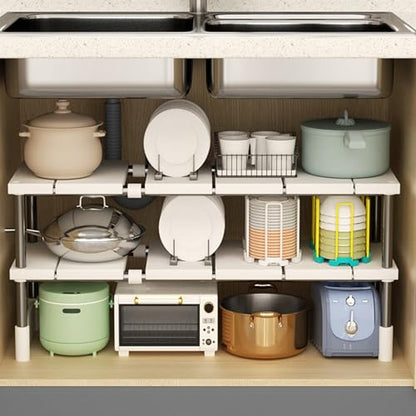Under Sink Organizer, 2 Tier Expandable Heavy Duty Metal Shelf, Retractable Bathroom Storage Rack for Under Kitchen Bathroom Sink Organizers and Storage Single Layer