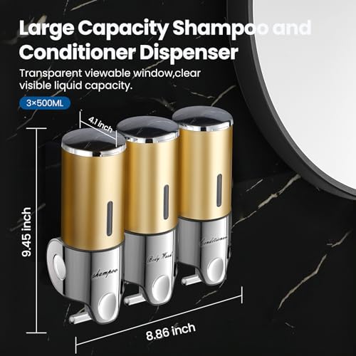 EXIN DECHEN Shampoo and Conditioner Dispenser(Triple x 16.9 oz,Golden) | Easy Installation,Wall-Mounted,Bottle Separable,Large Capacity,Shower Shampoo Conditioner Body Wash Dispenser for Bathroom - color: Golden