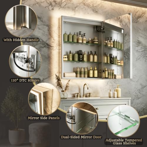 24x32 Lighted Medicine Cabinet, Separate Front & Back Lights | Surface/Recessed LED Medicine Cabinet for Bathroom with Side Mirrors, Dimmable Light, Anti-Fog, Memory,Silver Aluminum Frame - size: 24" x 32" (Right Hinge)