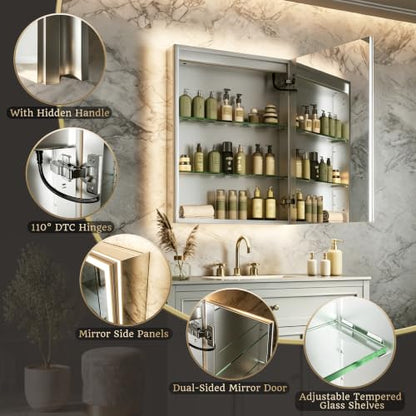 24x32 Lighted Medicine Cabinet, Separate Front & Back Lights | Surface/Recessed LED Medicine Cabinet for Bathroom with Side Mirrors, Dimmable Light, Anti-Fog, Memory,Silver Aluminum Frame - size: 24" x 32" (Right Hinge)