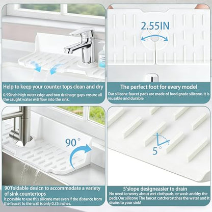 Sink Splash Guard Behind Faucet, 17" x 5.5" Silicone Faucet Drying Mat & Dish Sponge Holder, Fast Self-Draining Kitchen Sink Organizer with Adjustable Fit (White) - color: White
