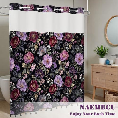 Moody Floral Shower Curtain with Snap in Liner & Tassels, 71Wx77L | No Hook Needed, Double Layer Waterproof Fabric with Mesh Top, Dark Botanical Flower Design for Modern Bohemian Style Bathroom - color: Noble Flowers