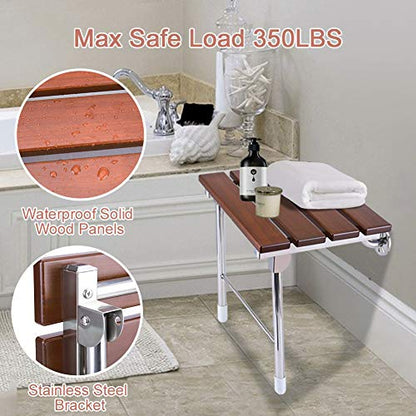 Folding Shower Seat Wall Mounted with Legs, Foldable Shower Chair for Inside Shower, Fold Down Shower Bench for Seniors (Wood, Fixed Height)