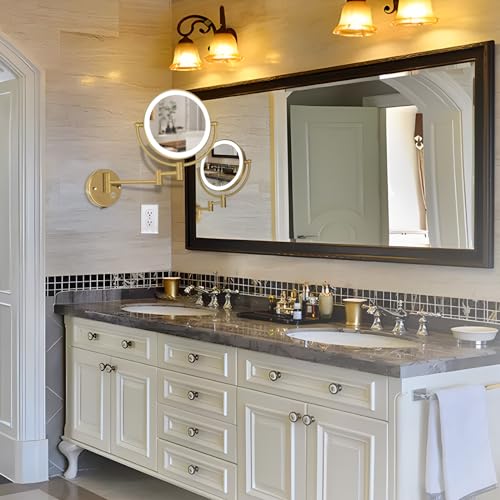 Wall Mounted Lighted Makeup Mirror with Magnification 5X, Rechargeable Bathroom Magnifying Shaving Cosmetic Mirror with Extension Swing Arm, Touch Stepless Dimming, Brushed Moderne Brass - color: Brushed Moderne Brass