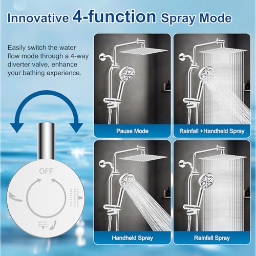 Metal 12" Rain Showerhead with 10-Spray Handheld, Easy Reach 4-way Diverter | NSF/ANSI/CAN 372 Certified, Chrome, High Pressure Shower Head with Pause Mode, 71" Stainless Steel Hose/12" Extension Arm - color: Chrome, style: Square 12"
