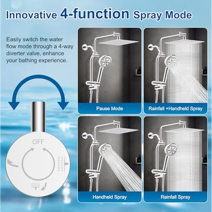 Metal 12" Rain Showerhead with 10-Spray Handheld, Easy Reach 4-way Diverter | NSF/ANSI/CAN 372 Certified, Chrome, High Pressure Shower Head with Pause Mode, 71" Stainless Steel Hose/12" Extension Arm - color: Chrome, style: Square 12"
