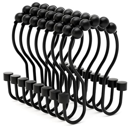 Bathway Shower Curtain Hooks, Shower Curtain Rings Rust Proof Double Hook Shower Curtain Hooks with Clindrical Design, 12 Pcs Black Shower Hooks for Shower Curtain, Metal Shower Rod Hooks - color: Black, style: Modern Shower Hooks with Cylinders