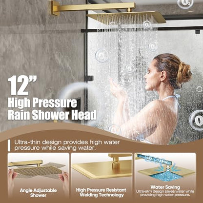 Gabrylly Rain Shower Head with Handheld Spray Combo, 12", Brushed Gold | All Metal Shower System, High Pressure Rainfall Shower Faucet Set, Solid Brass Shower Valve Complete Shower Set for Bathroom - color: Brushed Gold, size: 12 Inch