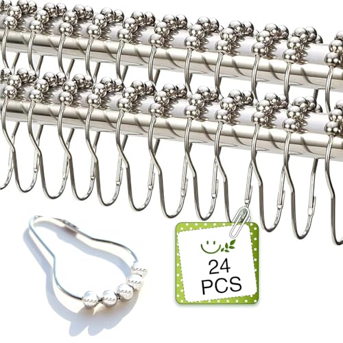 24 Pieces Stainless Steel Shower Curtain Hooks and Rings Set - Polished Nickel, Lightweight and Durable for Bathroom Curtain Rollers and Shower Curtain Rods, Metal Shower Curtain Rings