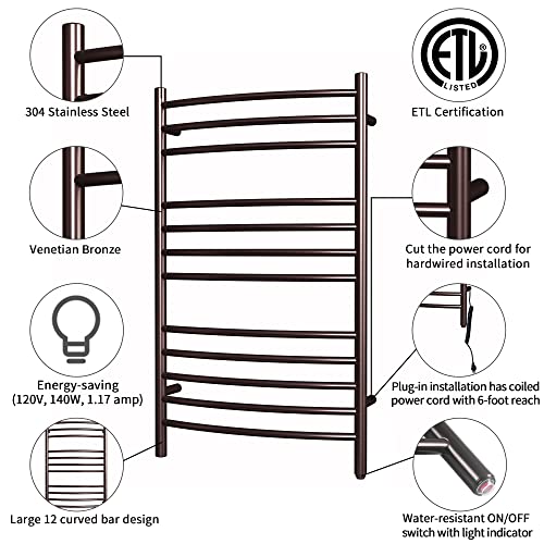 Towel Warmer, Heated Towel Rack, Plug-in/Hardwired Venetian Bronze | 304 Stainless Steel Large 12-Bar Towel Warmer With Plug-In Or Hardwired Installation And Venetian Bronze Finish - color: Venetian Bronze