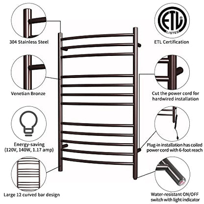 Towel Warmer, Heated Towel Rack, Plug-in/Hardwired Venetian Bronze | 304 Stainless Steel Large 12-Bar Towel Warmer With Plug-In Or Hardwired Installation And Venetian Bronze Finish - color: Venetian Bronze