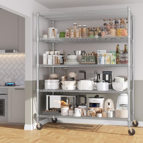 Homdox 5 Tier Heavy Duty Metal Shelves, Storage Racks and Shelving with Wheels, Commercial Adjustable Wire Shelving Unit, Garage Rack Pantry Shelves Kitchen Shelving, Chrome - color: Chrome, size: 24"Dx 48"Wx 82"H, 5 Tier