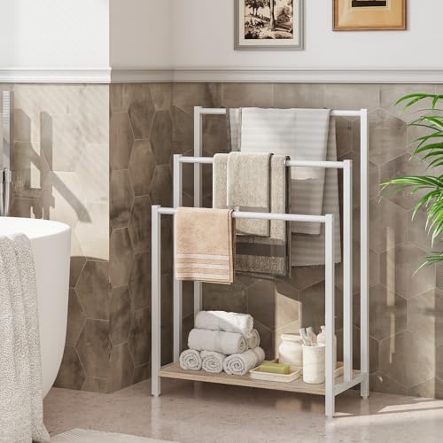 HOOBRO Free Standing Towel Rack, 3 Tier Blanket Rack, Blanket Holder for Bathroom, 16.9" L x 11" W x 31.9" H, Industrial Metal Drying and Display Rack with Shelf, White and Grey WG03LB01 - color: White + Grey, size: 16.9"L x 11"W x 31.9"H