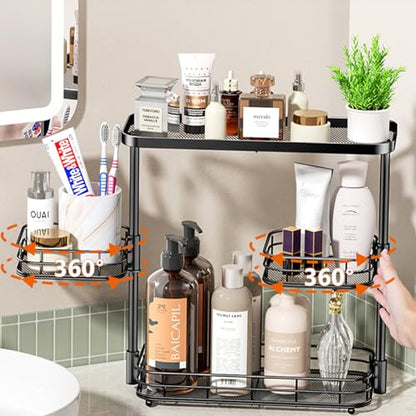 VITVITI 3 Tier Bathroom Organizer Countertop, Counter Storage Shelf, Black | Metal Wire Bathroom Vanity Mesh Bath Room Sink Kitchen Rack with 360 Rotating Basket - color: 3 Tier Rotating Black