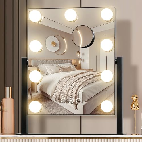 Vanity Mirror with Lights,Makeup Mirror with Lights with 9 Dimmable LED Bulbs, 3 Color Lighting Modes Detachable 10X Magnification Mirror Touch Control,360°Rotation - color: Black, size: 12"L x 14.4"W