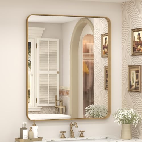 24x28 Inch Gold Bathroom Mirror for Wall | Brushed Metal Frame Gold Vanity Mirror, Rounded Rectangle Mirror, Shatterproof, Anti-Rust, Hangs Horizontal or Vertically - color: Gold, size: 28"L x 24"W