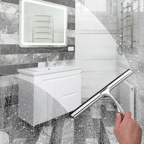 10" Squeegee for Shower Glass Door LASSHSWA All-Purpose Shower Squeegee for Glass Doors Bathroom Cleaner Tool Car Window Mirror Tile Wall Windshield Household with 2 Hooks and 2 Rubber Strips