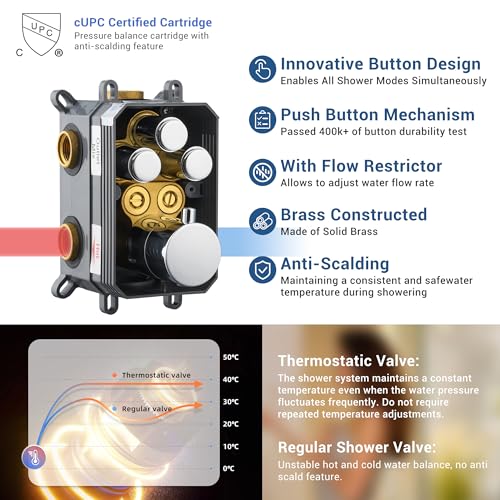 Thermostatic Shower System, Dual Rainfall Shower Faucet(Chrome) | 12 Inch Shower Head, 6 Inch Wall Mount Head, High Pressure Handheld Sprayer, Push Button Valve - color: Polished Chrome