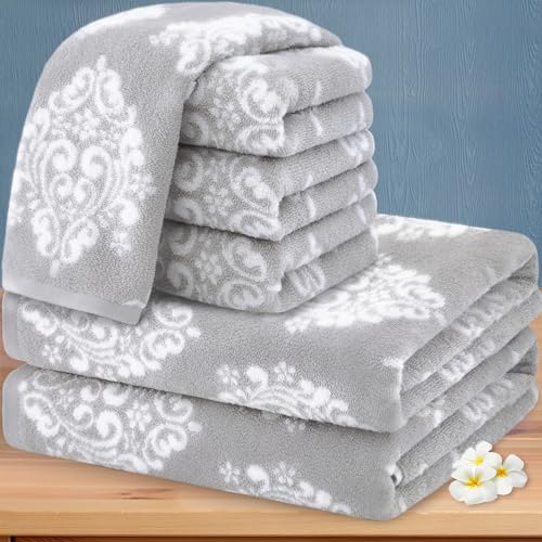 VOOVA & MOVAS Grey Towel 6pc, 100% Cotton, Damask | Absorbent, Soft, Thick, Quick Dry, Heavy Duty, Fade-Resistant, Shower Towel with Hanging Loops, Decorative, For Bathroom - color: Silver and White, size: 6 PCS Towel Set