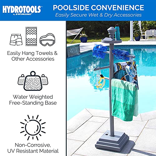 SWIMLINE HYDROTOOLS 89033 Premium Free Standing Poolside Valet Towel Rack Adjustable With Water Weighted Base Three Arms Secure Clips For Outdoors & Indoors Pool Patio Poolside Holder Drying Stand - color: Premium Rack (Gray)
