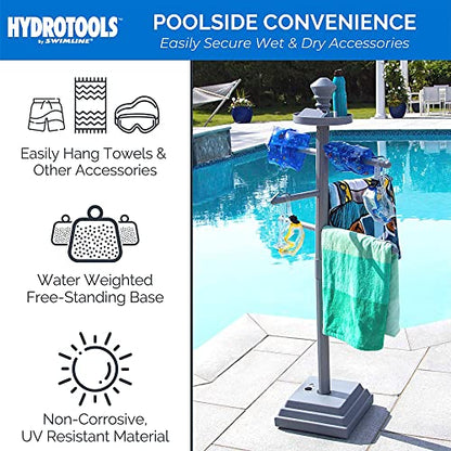 SWIMLINE HYDROTOOLS 89033 Premium Free Standing Poolside Valet Towel Rack Adjustable With Water Weighted Base Three Arms Secure Clips For Outdoors & Indoors Pool Patio Poolside Holder Drying Stand - color: Premium Rack (Gray)