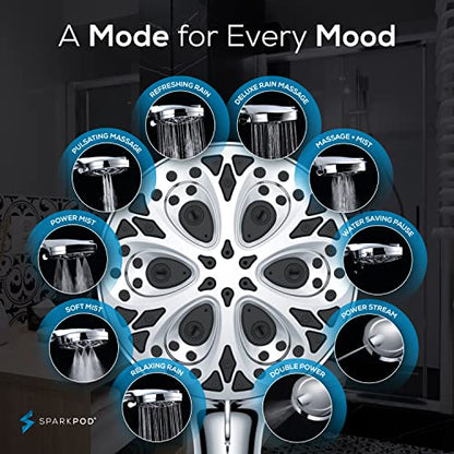 SparkPod 10-Mode Handheld Shower Head, 5 Inch, Polished Chrome Finish | Power Jet Spray, ABS Body Won't Rust, 6 ft. Stainless Hose, Touch-to-Clean Nozzles