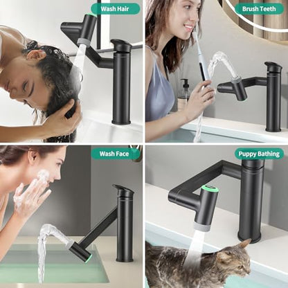 Modern Bathroom Faucet 1 Hole with Temperature Display, Matte Black | Batteries-Free, 1080° Rotatable Single Hole Bathroom Faucet, Single Handle Bathroom Vanity Faucets, 2 Spray Modes - color: Matte Black
