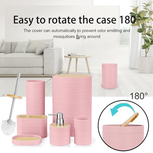 CERBIOR Bamboo Bathroom Accessories Set 6 Piece Spiral Bath Ensemble（Pink） | Includes Soap Dispenser, Toothbrush Holder, Toothbrush Cup, Soap Dish for Decorative Countertop and Housewarming Gift, Pink - style: Pink