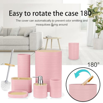 CERBIOR Bamboo Bathroom Accessories Set 6 Piece Spiral Bath Ensemble（Pink） | Includes Soap Dispenser, Toothbrush Holder, Toothbrush Cup, Soap Dish for Decorative Countertop and Housewarming Gift, Pink - style: Pink