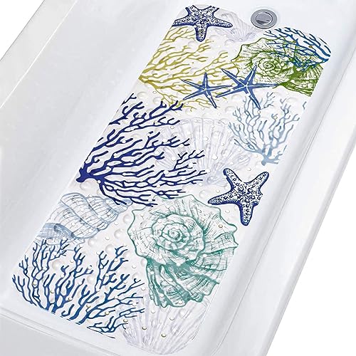 Topotdor Nautical Coastal Bathtub Mat Non Slip for Shower Tub, 40 X 16 Inch Extra Long Bath Mat for Elderly & Kids, Machine Washable Shower Floor Mat with Suction Cups & Drain Holes, Starfish Coral - color: Starfish Seashell Coral