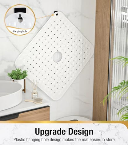 HITSLAM Square Shower Mat, Non Slip PVC Stall Mat, 24"x24", White | Power Grip Suction Cups, Center Drain Hole, Built-In Hanging Holes, Machine Washable Bathroom Floor Mat, Soft On Feet - color: Pure White