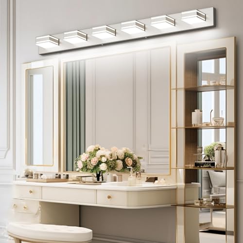 Ralbay 48inch Brushed Nickel Bathroom Vanity Light 6-Light Metal Acrylic Modern LED Bathroom Lighting Over Mirror - color: Brushed Nickel, size: 48 inch