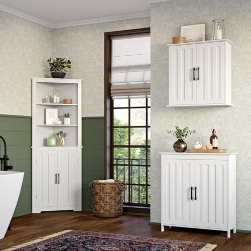 RiverRidge Monroe Two-Door Bathroom Floor Storage Cabinet - White | Linen Cabinet with Adjustable Interior Shelf and Soft Close Hinges, Matte Black Handles