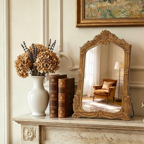 Besdomus Antique Makeup Desk Mirror: 11"x14.5" Small Gold Bow Table Vanity | Antique Standing Carved Mirror - Baroque Traditional Ornate for Bedroom/Vanity Table/Living Room - Ideal for Ages 18-45 - size: 11"L x 14.5"W