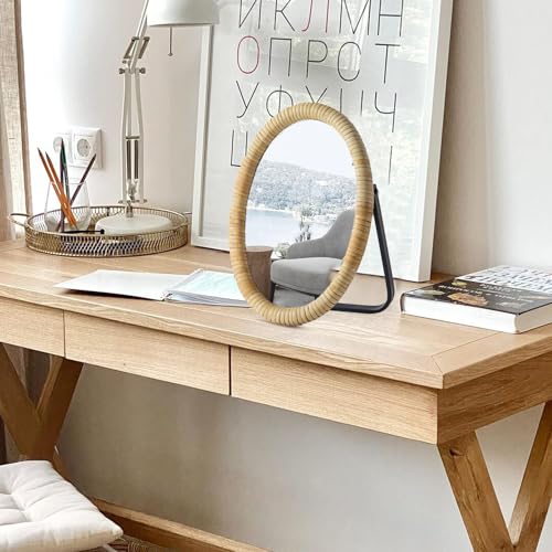 Vanity Table Desk Rattan Mirror 11.8'' x 7.8'',Boho Oval Makeup Mirror with Metal Stand,Portable Small Standing Countertop Mirror,Room Decor for Dresser,Tabletop, Bathroom,Bedroom,Living Room,Office