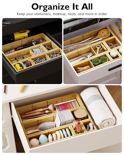Bamboo Drawer Organizer Set, 6 PCS Trays with 12 Compartments | Natural Bamboo, Flexible Modular Trays, Water-Resistant, Stackable Design, Adjustable, Excellent Organization, Easy to Clean - size: 12 Compartments