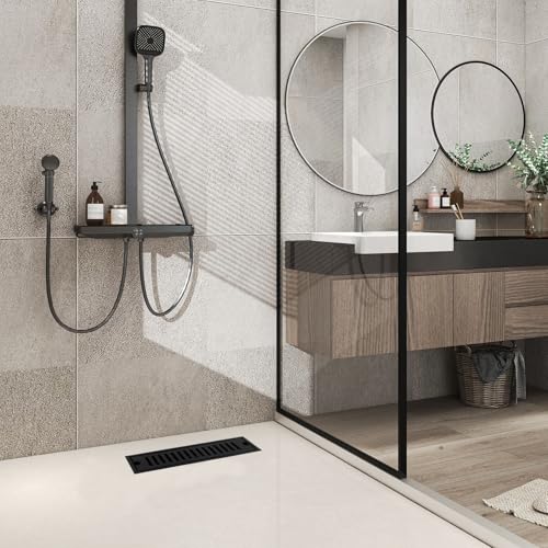 Dnyta 12 Inch Linear Shower Floor Drain for Bathroom (Black, Fence Style) | 304 Stainless Steel Rectangular Shower Drain with Drain Grate Removable & Hair Strainer, for Bathroom Kitchen Hotel or Toilet - style: Black Fence Style + Stainless Steel Strainer