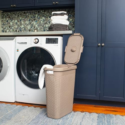 Mind Reader Slim Laundry Hamper with Lid, 40L Clothes Basket, Narrow Tapered Design with Ventilated Cutout Pattern, Plastic, Tan - color: Tan, size: Single