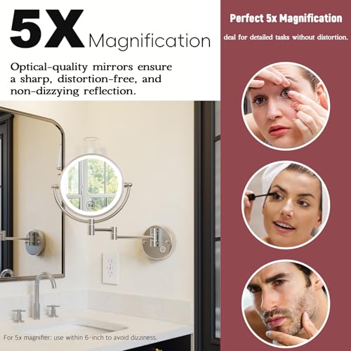 Wall Mounted Lighted Makeup Mirror, 1/5X Magnifying, Brass Brushed Nickel | Double Sided, Touch Dimming, 3 Color LED Lighting, 8 Inches, 360 Swivel, Extension Arm, Bathroom Vanity Shaving, Rechargeable - color: Brushed Nickel