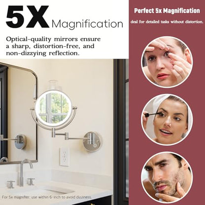 Wall Mounted Lighted Makeup Mirror, 1/5X Magnifying, Brass Brushed Nickel | Double Sided, Touch Dimming, 3 Color LED Lighting, 8 Inches, 360 Swivel, Extension Arm, Bathroom Vanity Shaving, Rechargeable - color: Brushed Nickel