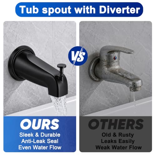 Universal Matte Black Tub Spout with Diverter, Metal Cover and Adapter | Pull Down Bathroom Tub Faucet Replacement, for 1/2" Copper Pipe, 1/2" IPS & 3/4" IPS threaded, Bathtub Spout with Hex Wrench - color: Black