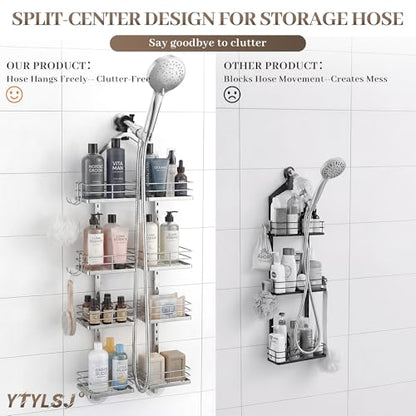 4-Tier Hanging Shower Caddy for Handheld Showerhead, Heavy-Duty Stainless Steel with Dual-Rotating Clamp, Silver - color: 4 Tier-Silver
