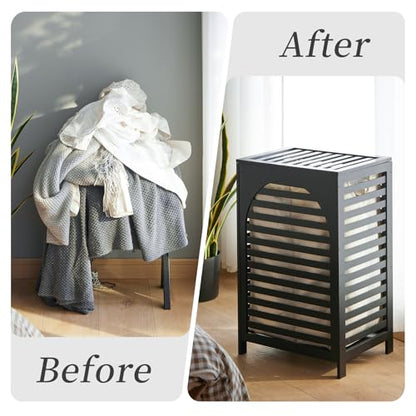 Laundry Hamper with Lid,Bamboo Large Waterproof Clothes Laundry Basket,Removable Washing Bags with Handles,clothes basket (Black) - color: Black