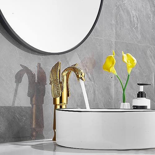 Gold Swan Shape Single Handle One Hole Bathroom Vessel Sink Faucet Deck Mount Lavatory Sink Faucet - color: Gold, size: Tall