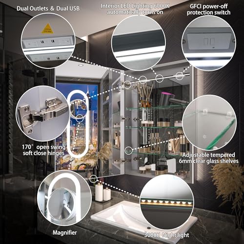 Luxury LED Lighted Medicine Cabinet with Mirror Dimmable, Defogging, 24 inch Commercial Medicine Cabinet, Outlets for Apartments, Hotel, Left Hinge - size: 24"W x 36"H Left