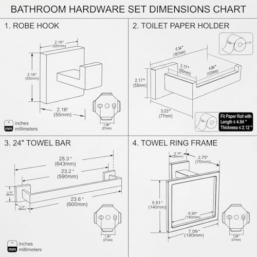5-Piece Bathroom Hardware Set, 23.6 in Towel Bar, Matte Black | SUS304 stainless steel, 55 mm square bases, concealed screw mount, towel ring, toilet paper holder, 2 robe hooks - color: Matte Black