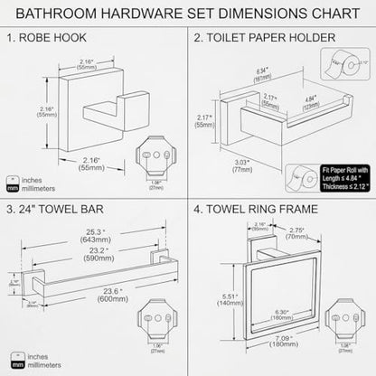 5-Piece Bathroom Hardware Set, 23.6 in Towel Bar, Matte Black | SUS304 stainless steel, 55 mm square bases, concealed screw mount, towel ring, toilet paper holder, 2 robe hooks - color: Matte Black