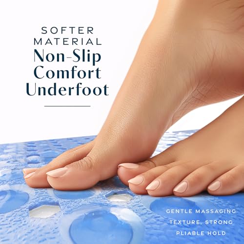 SlipX Solutions 39"x16" Power Grip Non Slip Bathtub Shower Mat, Lt Blue | Stronger Wet Surface Protection, Soft Under Foot, 265+ Suction Cups, Large Drainage Holes - color: Clear Light Blue